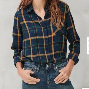 Lucky Brand Women’s Medium Navy and Mustard Plaid Button-Down Shirt